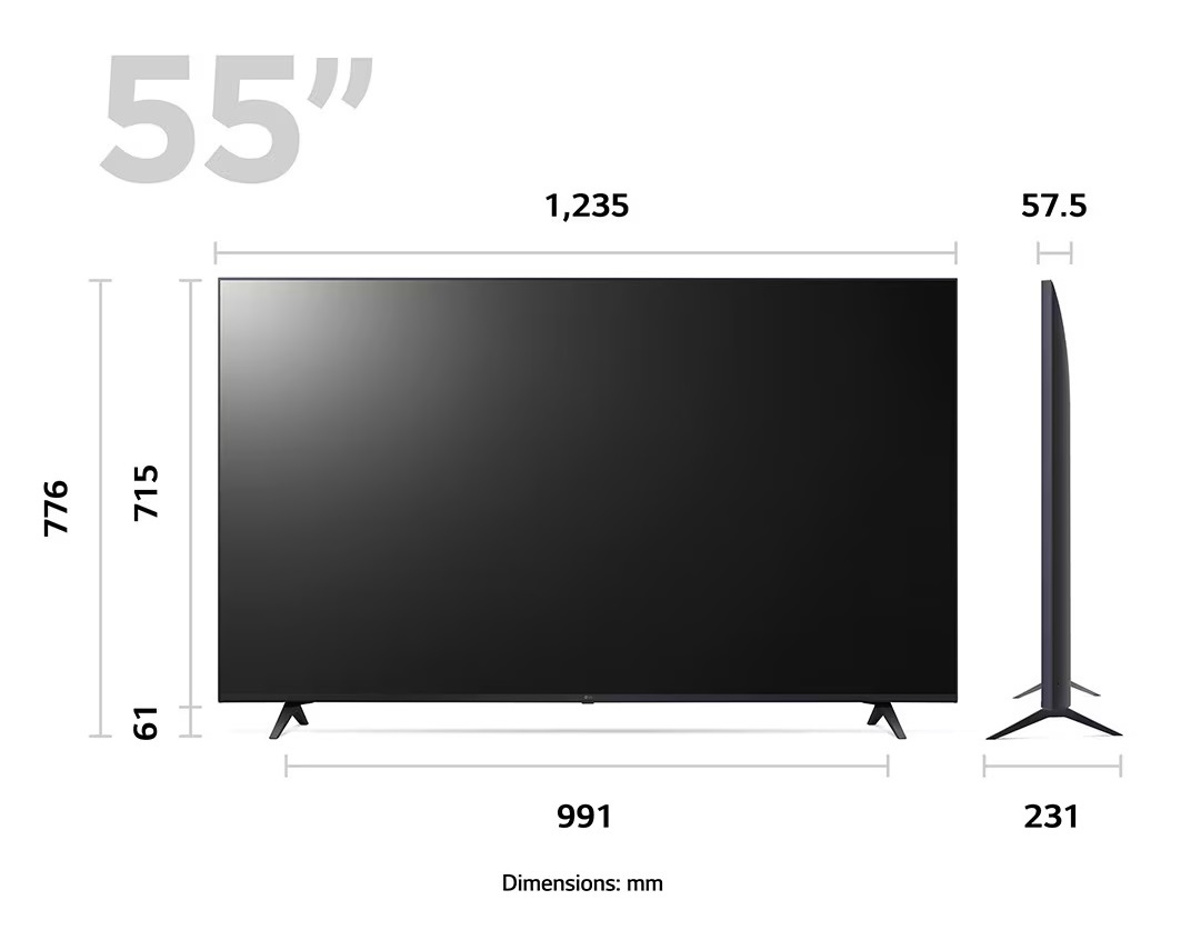  تلویزیون ال ای دی 4K ال جی ابعاد و اندازه سری 8 مدل UR8000 سایز 55 اینچ محصول 2023 