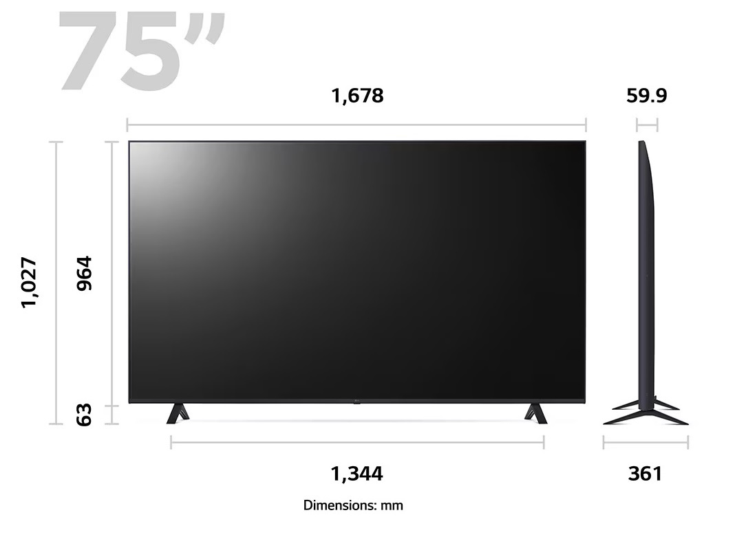  ابعاد و اندازه تلویزیون هوشمند ال ای دی 4K ال جی مدل UR7800 سایز 75 اینچ محصول 2023 