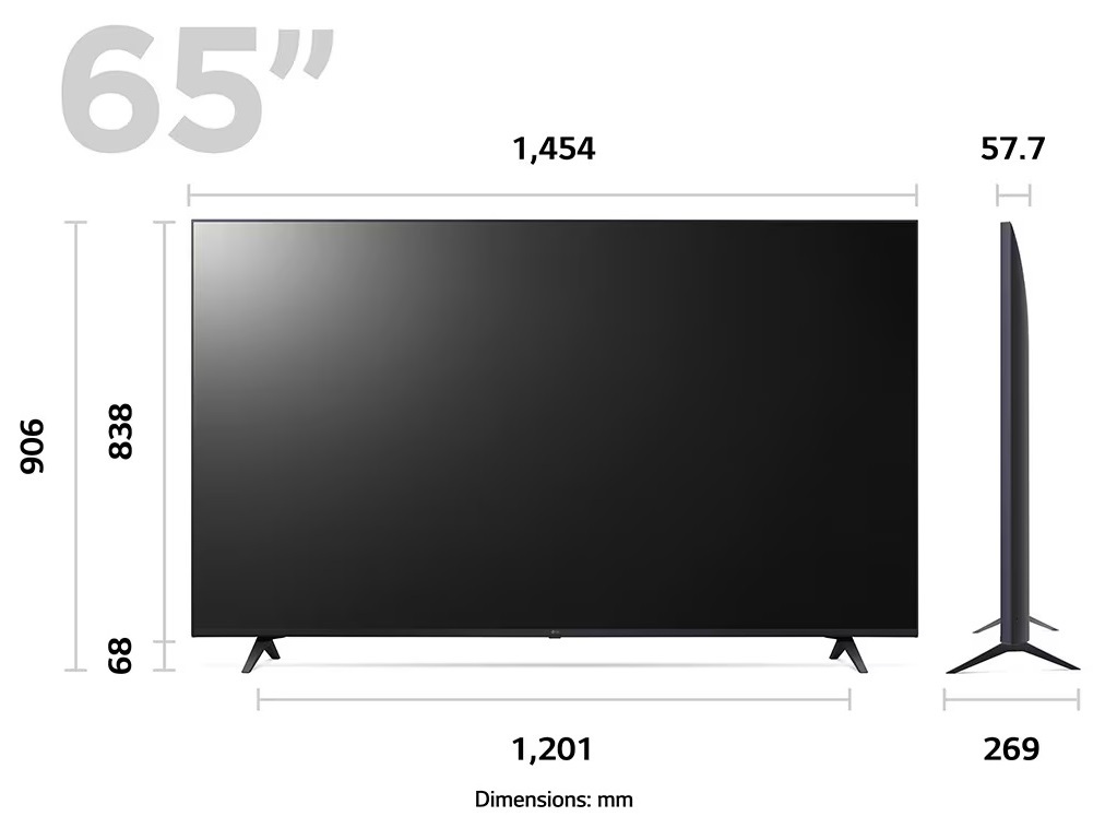  ابعاد و اندازه تلویزیون اسمارت ال ای دی 4K ال جی مدل UR8000 سایز 65 اینچ محصول 2023 