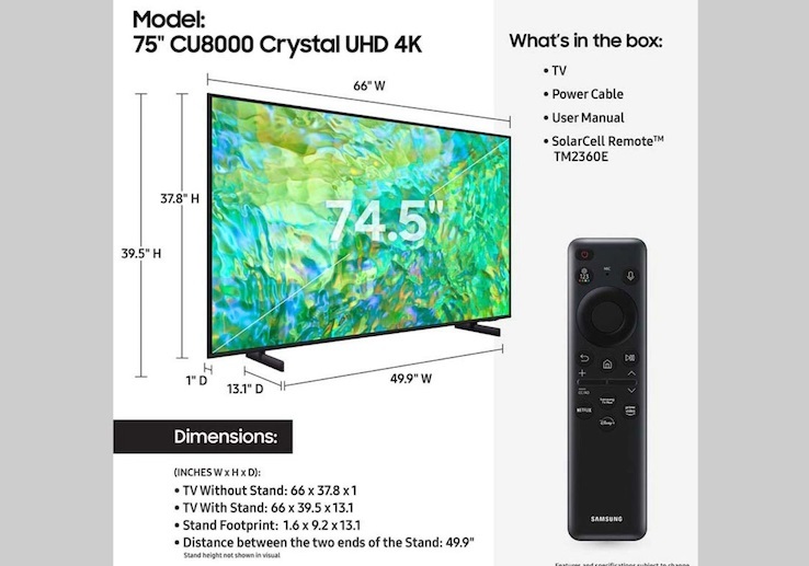  ابعاد و اندازه تلویزیون نمایشگر سامسونگ تولید 2023 اصل مدل 75CU8000 