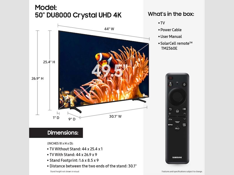  ابعاد و وزن تلویزیون کریستال 4K سامسونگ مدل DU8000 سایز 50 اینچ محصول 2024 